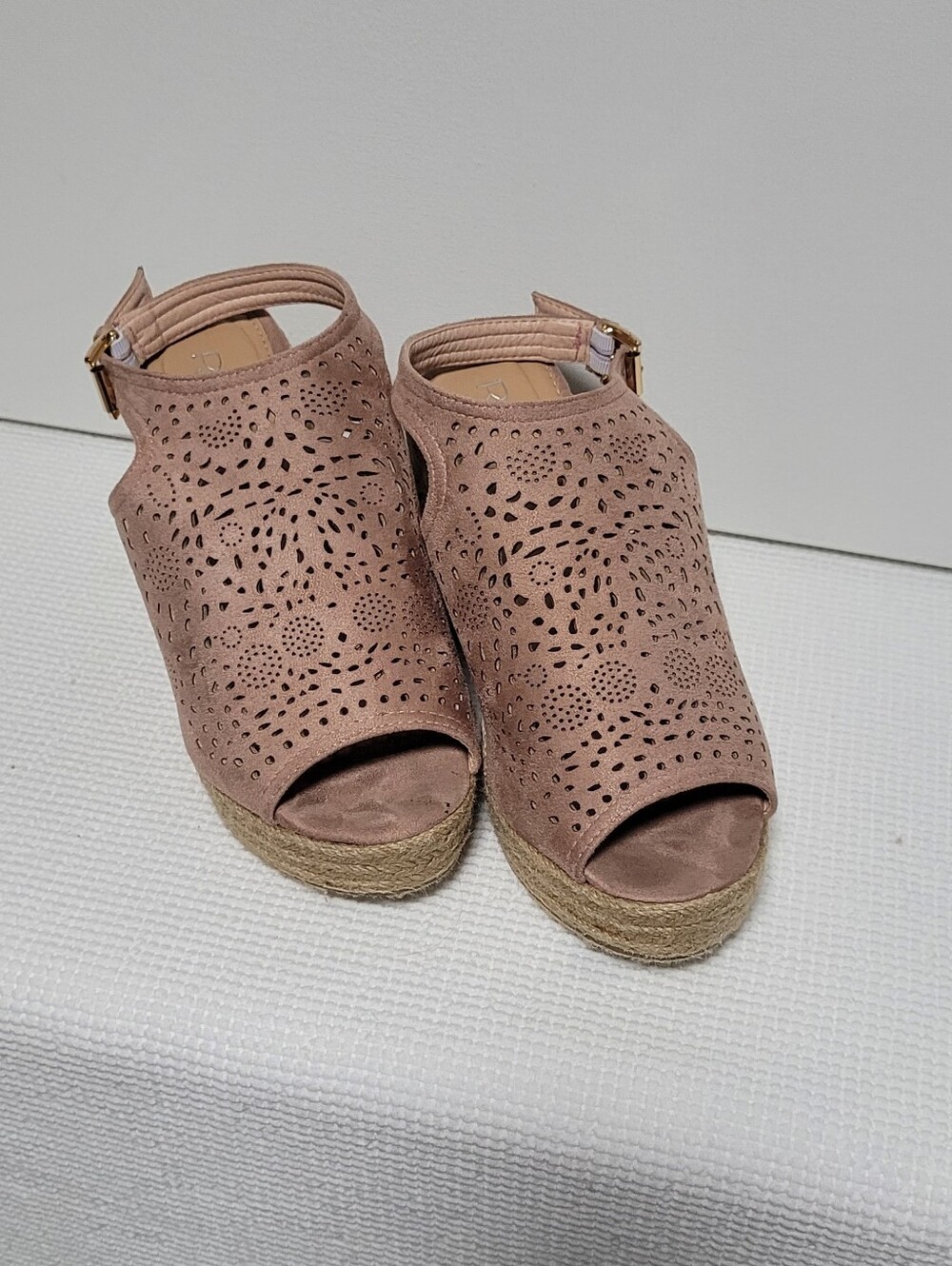 Refresh Blush, Faux Suede, Laser-cut, Lace, Coquette, Boho Woven Wedge Sandals